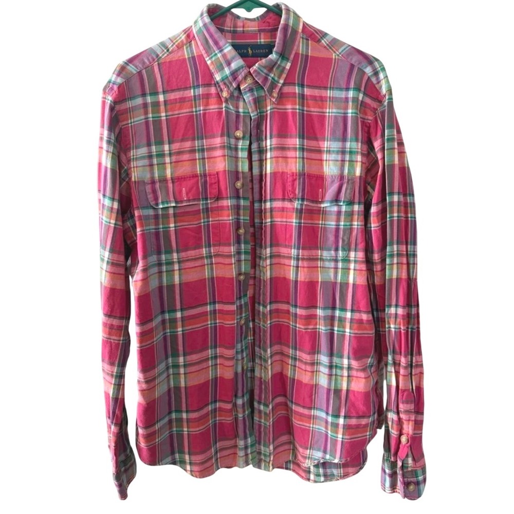 Ralph Lauren Mens Large Pink Plaid Button Up Poplin Shirt Lg Sleeve Flap Pockets